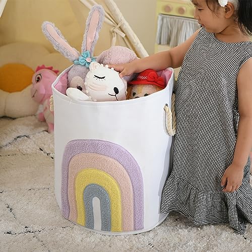 Image of Pink Baby Hamper, XL Canvas 58L Laundry Basket with Drawstring Closure, Boho Rainbow Decor