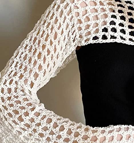 Image of PICPUNMAK Women's Crochet Shrug Sweaters See Through Tops Mesh Cover Up Top Knit Bolero Sweater for Women Y2k Tops White