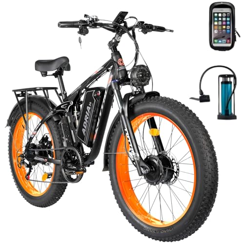 Tuttio Adria26 5000W Dual-Motor Ebike,40-46MPH Electric- Bike for Adults, 26 * 4' Fat Tire Electric Bicycle, 52V 210NM E-Bike Full Suspension Electric Dirt Bike for Off-Road Mountain Hunting（Orange）