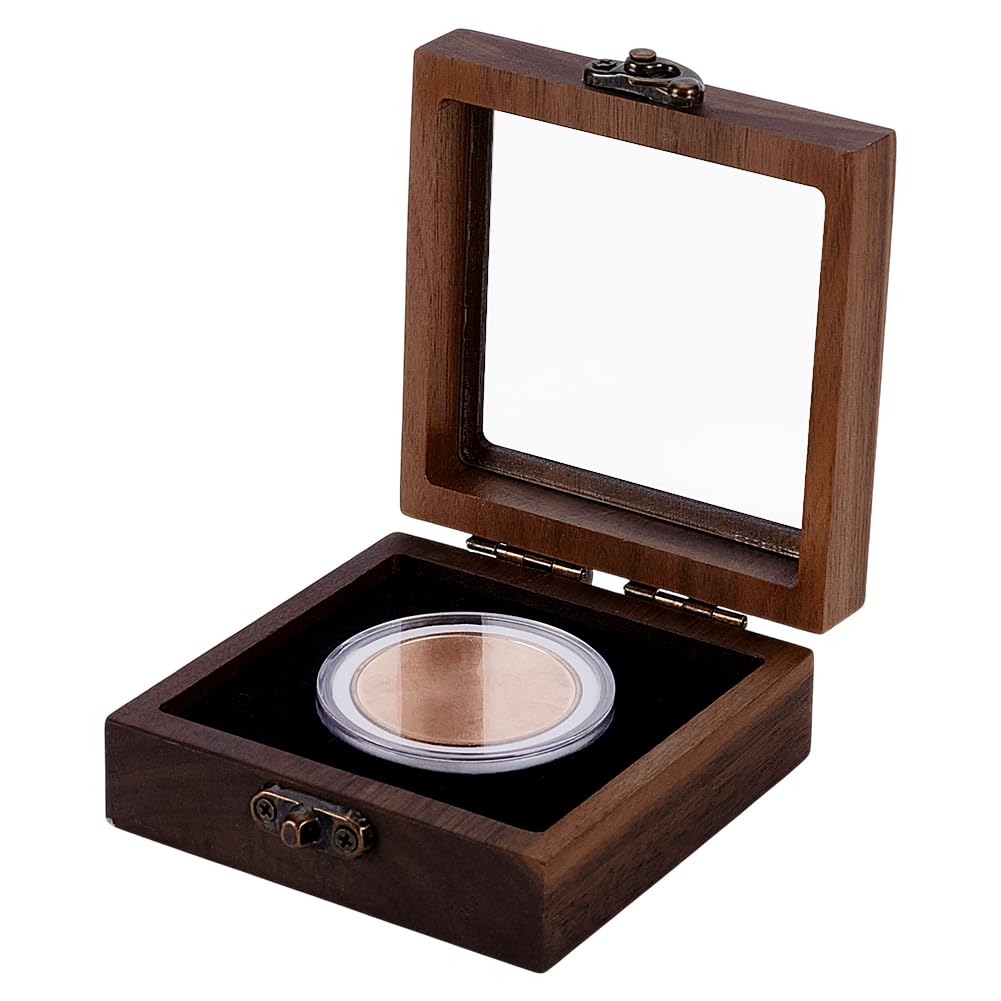 FINGERINSPIRE Coconut Brown Challenge Coin Presentation Display Box with Coin Capsules Box 3.5x3.5x1.4inch Walnut Wood Coin Presentation Display Box Holder with Clear Window Coin Wood Display Box