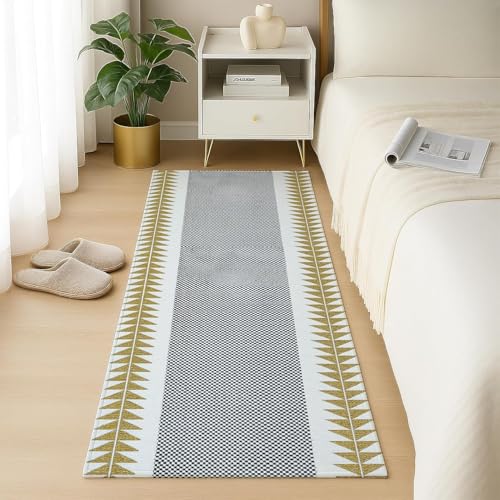 Image of SAGON 2x5 Ft Printed Runner Carpet - Cotton Bedside Rug for Bedroom & Living Room (Checkerboard Pattern)