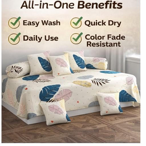 Image of Diwan Set 8 Pieces | Bedsheet 60x90inch + 5 Cushion Covers 16x16inch + 2 Bolster Covers 16x32inch | Soft Microfiber Fabric |