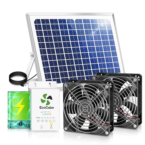 ecoCalm Solar Exhaust Fan for Chicken Coop with Battery and Adjustable Thermostat, Solar Powered Fan with 25W Bifacial Solar Panel & Dual 5.5' Fans Kits