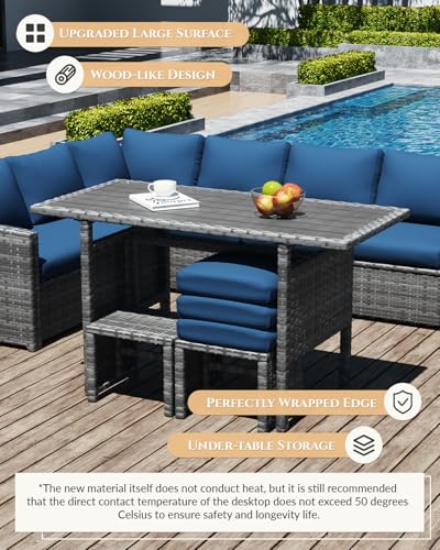 Image of U-MAX 7 Pieces Patio Furniture Set with Waterproof Cover, Outdoor Sectional Sofa Conversation Set, All Weather Wicker Rattan Dining Table & Chair with Ottoman, Grey Rattan&Dark Blue Cushion