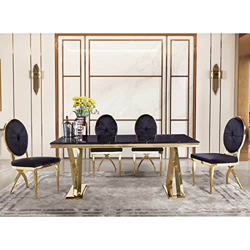 Acedécor Dining Table, Rectangular Dining Room Table For 6, Black Top And Gold Metal X-Base #TOP5