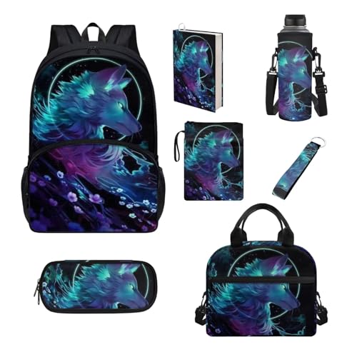 Set di 7 pezzi zaino per scuola elementare primaria sencondaria ragazze ragazzi bookbag borsa pranzo astuccio Lupo Taglia unica Set di zaini per la