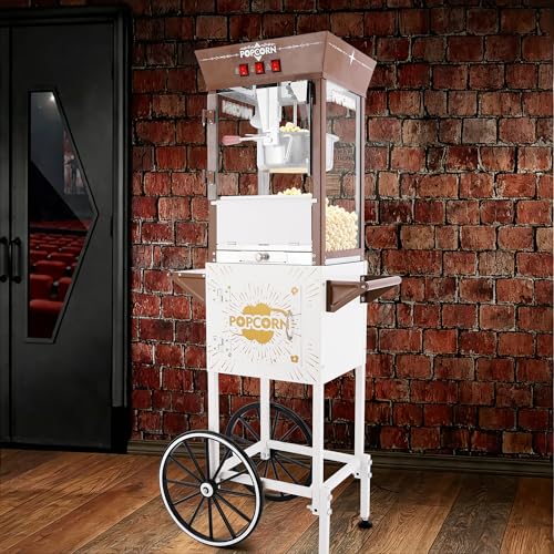 Image of 12oz Popcorn Machine Cart with Candy Dispenser, Retro Professional Popcorn Maker, Movie Theater Style Popper on Wheels, Pop Corn Machine for Home Party, Commercial (Brown and White)