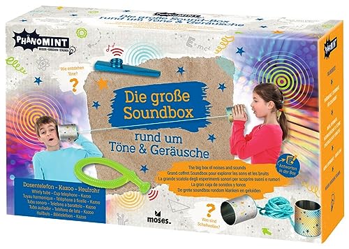moses. PhänoMINT Die große Soundbox, Experimente-Set für Kinder mit Tönen und Geräuschen, Experimentier-Set mit 3 spannenden Akustik Spielzeugen, inkl. Dosentelefon Bausatz, Mittel