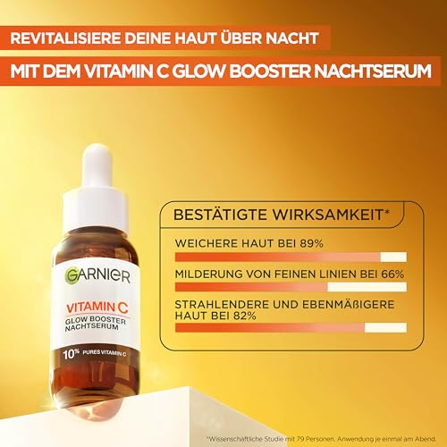 Garnier SkinActive Vitamin C Glow Booster Nachtserum: 10% pures Vitamin C & Hyaluronsäure für strahlende, glatte Haut. Regeneriert im Schlaf, mildert Linien & Pigmentflecken. Vegan & nachhaltig. 2