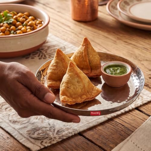 Image of HAZEL Stainless Steel Snack Plate 18 cm | Thali with Hammered Sides | Daily Use Breakfast Plate Food Serving Plate for Restaurant Thali