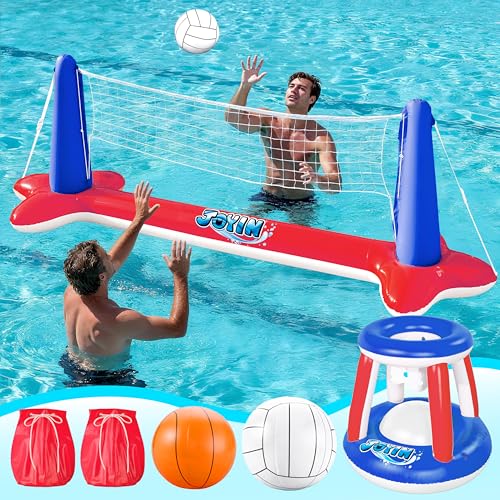 JOYIN Inflatable Pool Float Set Volleyball Net & Basketball Hoops, Balls Included for Kids and Adults Swimming Game Toy, Summer Floaties, Volleyball Court |Basketball,L-Red