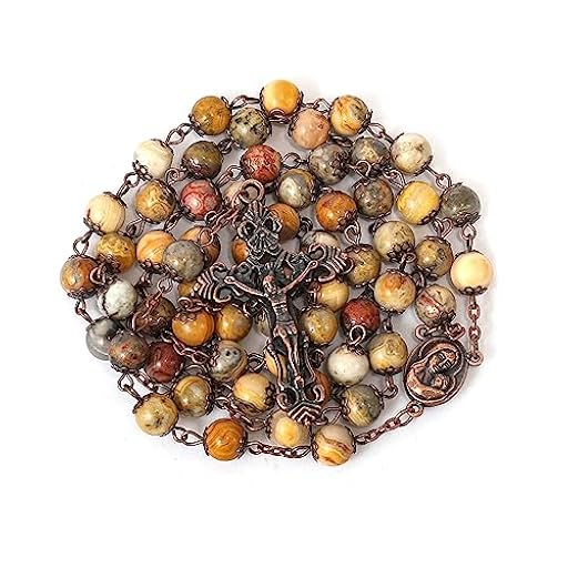 Nazareth Store Collar Rosario con Cuentas de Piedra Natural Diseño de Cobre Antiguo Medalla y Cruz de Tierra Santa en Bolsa de Terciopelo - Colección Terra Santa Jerusalén (Jaspe amarillo) | Ya disponible en tu tienda friki favorita! En mundofriki.es!