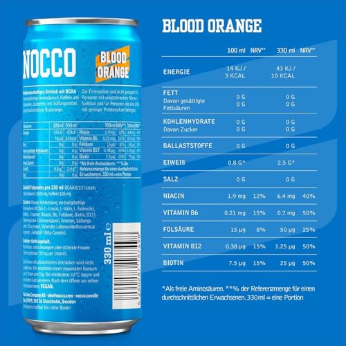 NOCCO BCAA energy drink 24er pack – zuckerfrei, vegan Energy Getränk mit Koffein, Vitaminen und Aminosäuren – Blutorangengeschmack, 24 x 330ml inkl. Pfand (Blood Orange Del Sol) 2