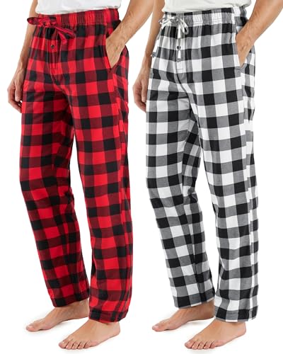 NY Threads 2 Pack Mens Flannel Pajama Pants with Pockets Soft Cotton Sleepwear Lounge PJ Bottoms, Medium, Black-Red/Black-White