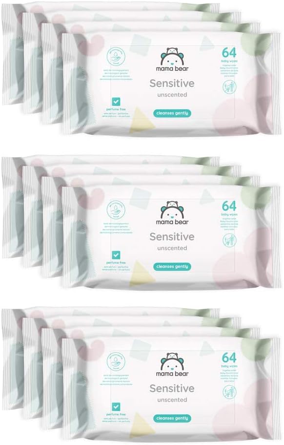 Amazon Brand – Mama Bear Sensitive Unscented Baby Wipes, 768 Count (12 Packs of 64)
