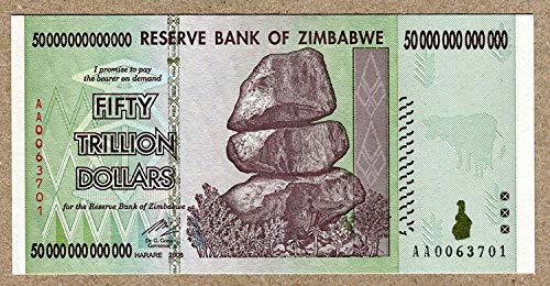 Zimbabwe 50 Trillion Dollar Extremely Low Serial AA00. Note Bill Money Inflation Record Currency Banknote by Zimbabwe Central Bank