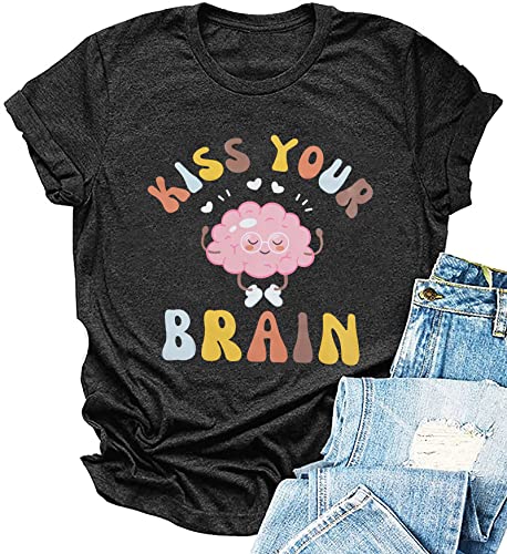 FLOYU Women Teacher Shirts Kiss Your Brain Teacher Shirt Special Education Teacher Tops Casual Teacher Life Clothes Dark Grey