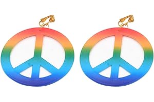 1 Pair Clip On Hippie Earrings: Colorful, Rainbow Peace Sign Pendant Charms...
