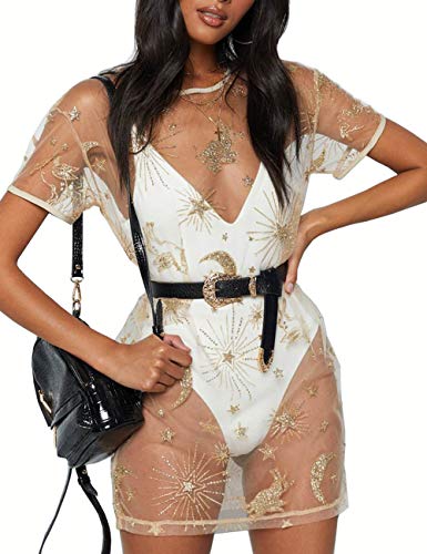 Women's See Through Bikini Cover Up Floral Sheer Mesh Beach Dress Gold Sequins Short Sleeve Night Wear (M)