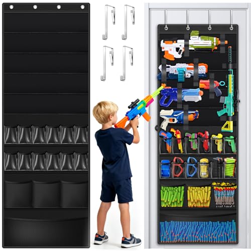 Organisateur de Porte Multifonction avec 12 Pochettes pour Pistolets Jouets, Fléchettes, Lunettes – Rangement pour Chambre d'Enfants, Salle de Jeux, Chambre...