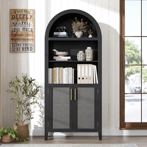 GarveeHome Arched Bookcase with Doors - 5 Tier Open Display Shelf with Rattan Decor, Modern Bookshelf Storage Cabinet for Home Office Living Room Libr