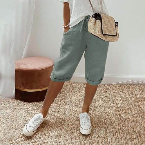 Capri Pants for Women Linen Bermuda Shorts Knee Length Cropped Palazzo Lightweight Beach Pants with Pockets2