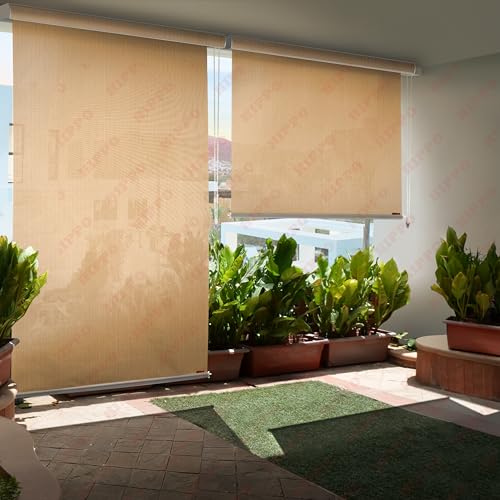 Image of HIPPO 180 GSM HDPE Outdoor Balcony Roller Blind, UV & Dust Protection Corded Roll Up and Down Light Filtering Blinds for Garden (Sand, 3FTX9FT)