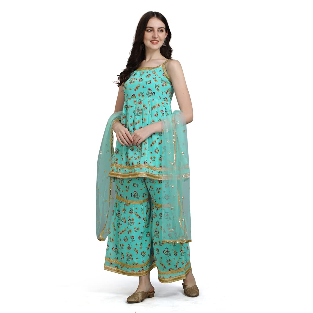 VredeVogel Women's Fox Georgette Printed Sharara Set with Embroidery Net Based Dupatta