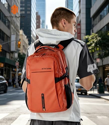 Image of Arctic Hunter Lightweight Laptop Backpack 15.6 inch Shock-Resistant Compartment 7-Pocket Organized Design USB Charging Port Water-Resistant 30L Travel Daypack with YKK Zippers (Orange)
