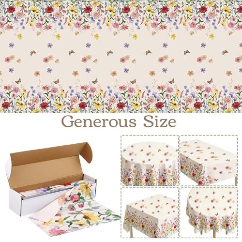 Image of Kochorie 100 Ft x 54 Inch Spring Floral Tablecloth Roll Plastic Flower Tablecloth Roll Wildflower Butterfly Disposable Table Cover for Spring Tea Party Supplies Birthday Wedding Party Decorations