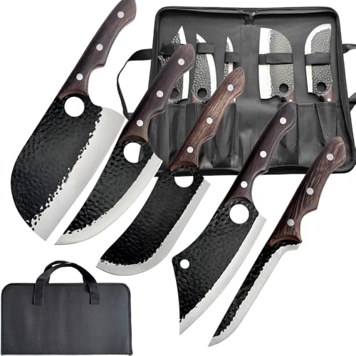 BFYLIN Metzgermesser-Set 5-teilig, Handgeschmiedetes Messerset, Serbisches Kochmesser, Wikinger-Ausbeinmesser, Hackmesser - Profi Küchenmesser-Set...
