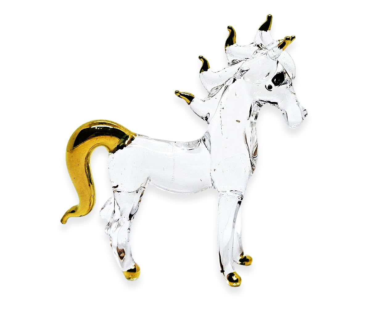 Tiny 2½" High Clear Gold Standing Horse Figurine - Miniature Hand Blown Painted Glass Horses Stallion Mare Foal Pony Animals Crystal Decorative Collectible Figurines Décor Gift