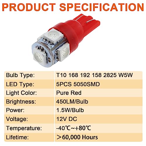 Bombillas LED Rojas T10 para Panel de Auto, Pack de 10 miniatura 3