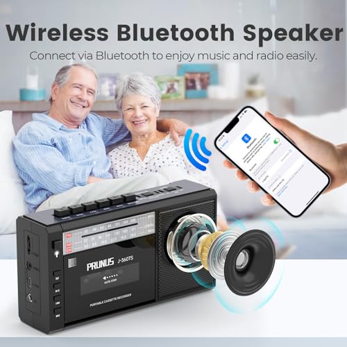 Image of PRUNUS J-360TS Cassette Tape Player Boombox with Bluetooth, Tape Recorder Player, MW AM FM Portable Radio,Solar /Battery Operated /Rechargeable,AUX /microSD /USB Drive, Flashlight, Headphone Jack, Gift