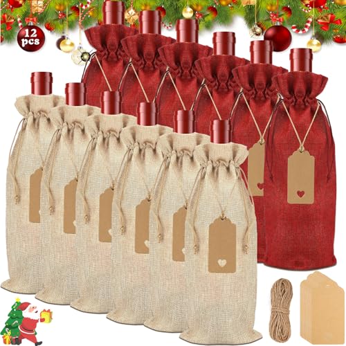 ZHHGOO 12 Bolsas de Regalo de Vino de Navidad, Reutilizables Cordón Bolsas para Botellas de Vino,Bolsas de Regalo para Vinos y Champán, Bolsa para Botellas de Papel para Cumpleaños