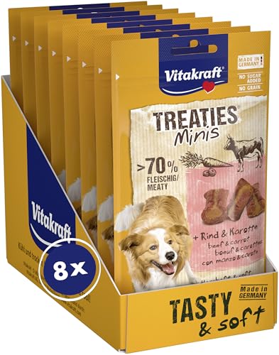 Vitakraft Treaties Minis, leccornie per cani con manzo e carota, con percentuale elevata di carne, ideale come ricompensa e per l'addestramento, in formato convenienza (8x 48g)
