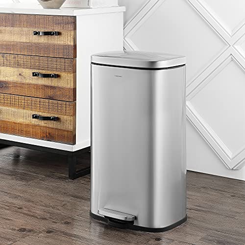 Image of happimess Curtis 8 Gal Step Trash Can Soft Close 25 inch, Platinum Silver | Stainless Steel, Fingerprint Resistant Satin Finish, Removable Liner, Steel Pedal, 20 Trash Bags Included, Kitchen Bin