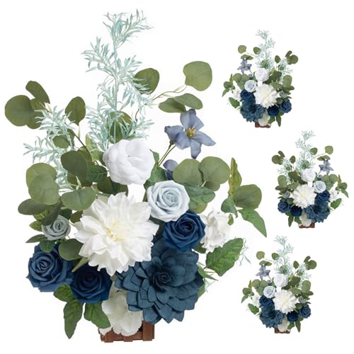 Ling's moment 17.5" Tall Standing Artificial Flowers Arrangements 4 pcs Wedding Aisle Runner Chair Decorations Dusty Blue Navy Centerpieces for Ceremony Reception Rose Floral Party Outdoor
