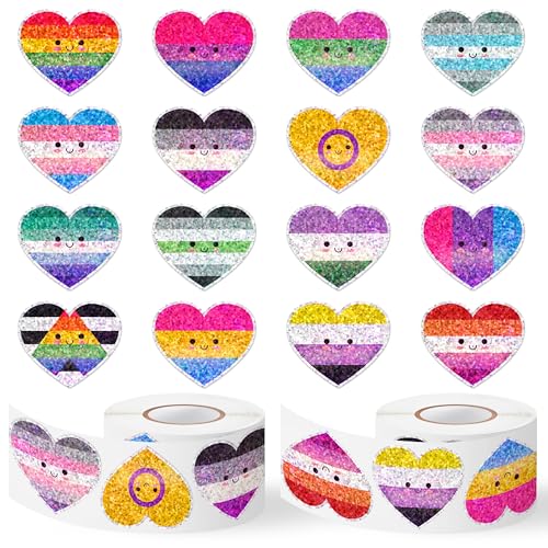 Image of LGBTQ Glitter Heart Sticker - 2Rolls Pride Month Smile Design Waterproof Self Adhesive Residue Free Removal for Laptop Water Bottle Scrapbook LGBTQ Gay Bar Party Decoration Craft Decor