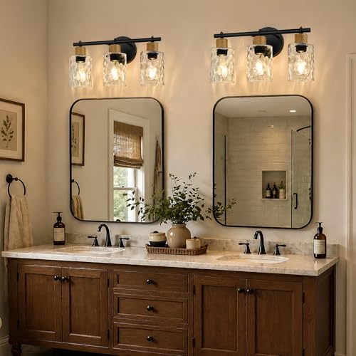 Image of MOKATNG Bathroom Light Fixtures, 3-Light Coastal Vanity Lights with Crystal Glass Shade, Black Bathroom Wall Lamp for Mirror Kitchen Hallway Cabinet