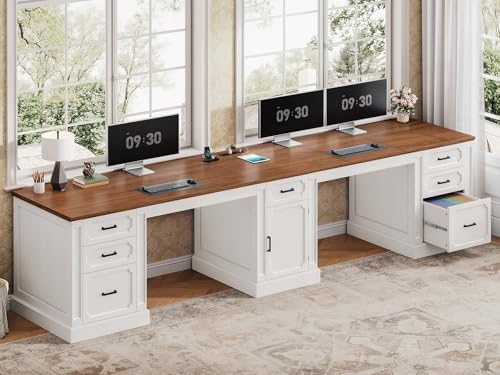 SEDETA Farmhouse 110.3' Two Person Desk with 7 Drawers, Long Computer Desk with Storage Cabinet, 2 Person Desk with Power Outlets for Home Office, White