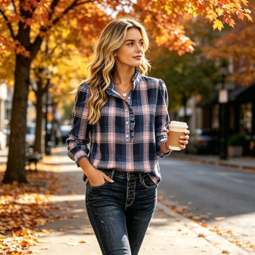 Plaid Tops for Women Dressy Casual Long Sleeve Henley Ruffle Shirt - image 2