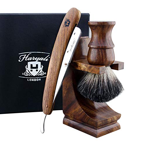 Haryali London Luxe Houten Heren Scheerset met Rechte Razor, Zwarte Dassenhaar Borstel en Houten Stand Perfecte Set voor Mannen