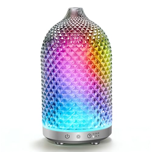 Peuesty Essential Oil Diffuser 150ml Glass Diffuser with Ultrasonic Small Humidifier 7 Color Lights 1/2/4H Timer Quiet Auto Shut-Off Oil Diffuser for Bedroom Home Office (Silvery)