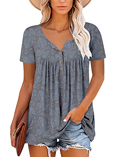 Mystry Zone Womens Henley V Neck Casual Blouse Button Down T Shirts Flare and Flowy Tops