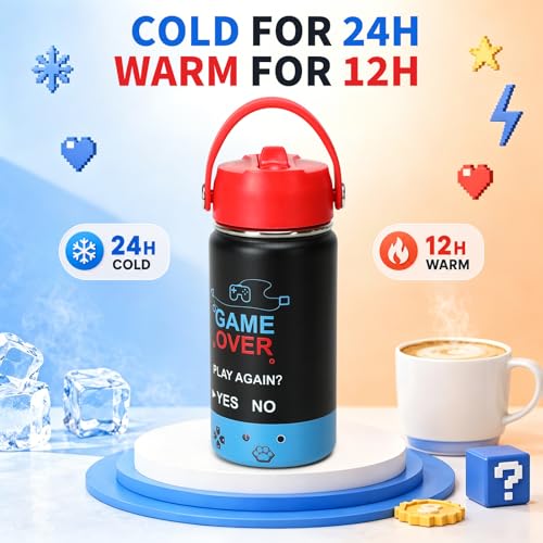 Image of Kids Insulated Water Bottle with Straw Lid, 14oz Double Wall Vacuum Stainless Steel Tumbler, Leak Proof Reusable Metal School Cup for Boys Girls, Keep Cold 24H Hot 12H (Blue-Red-GAME(Pack 2))