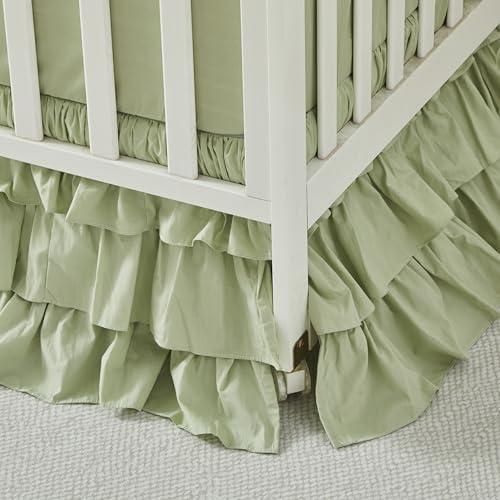 Image of Brandream Crib Skirt Triple Layer Cotton Nursery Bed Skirt for Baby Girls Boys Toddler Bedskirt Solid Color Light Green Dust Ruffle Gender Neutral Farmhouse Chic Boho Bohemian Skirt