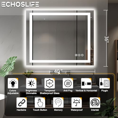 40"x36" LED Bathroom Vanity Mirrors with Front Light and Backlit, Anti-Fog Vanity Mirror with Lights, Stepless Dimmable Lighted Mirror, 3 Colors Smart Mirror (Horizontal/Vertical)