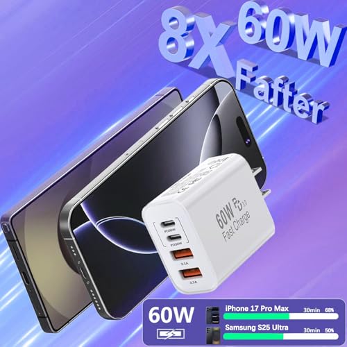 Image of USB C Charger Block,60W 4-Port USB C Wall Charger iPhone Charger Fast Charging PD Power Adapter+QC Wall Plug Multiport Type C Brick Chargers for iPhone 17 16 15 14 13 12 11 Pro Max XS,Samsung