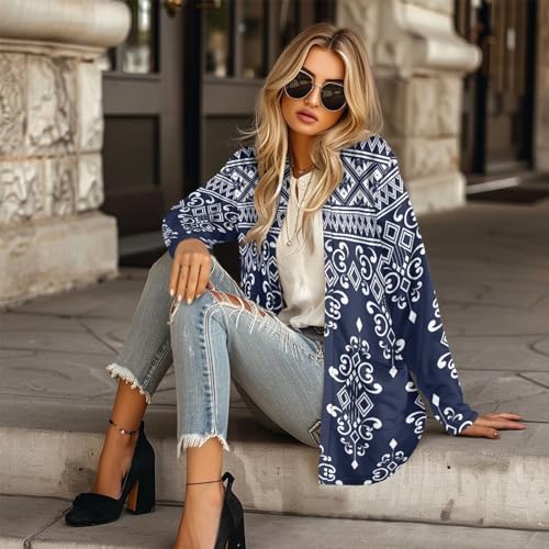 Image of Women's Aztec Open-Front Jacket Lightweight Casual Outerwear Native Western Aztec Pattern & Plaid Houndstooth Print